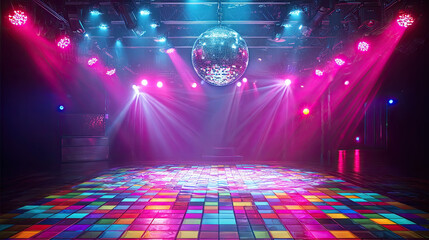 Groovy dance scene in vintage 70s disco background concept. Vibrant dance floor with colorful lights and disco ball ambiance.