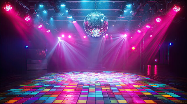 Groovy dance scene in vintage 70s disco background concept. Vibrant dance floor with colorful lights and disco ball ambiance.