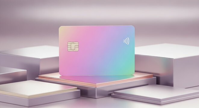 Modern holographic credit card standing on pedestal displaying contactless payment technology