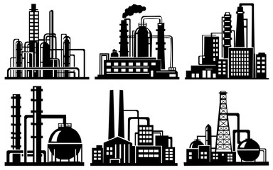 Various stylized images of industrial complexes suitable for icons or schematic images.