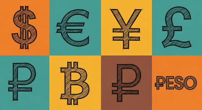 Currency symbols representing global monetary systems and digital currencies