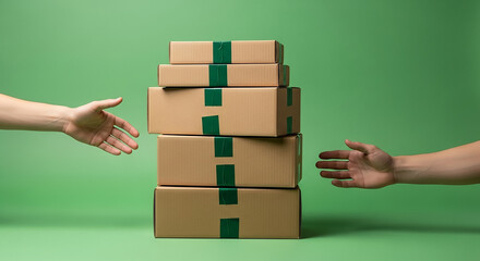 Two hands reaching for stack of cardboard boxes on green background