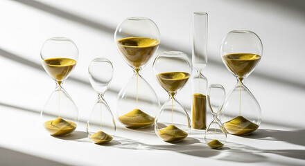 Multiple hourglasses measuring time with golden sand on white background