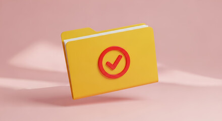 Yellow folder floating with red check mark symbol on pink background