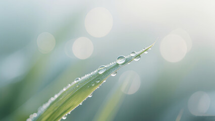 Grass leaves and dewdrops represent the concept of natural freshness and moisturizing beauty, used in promotional scenes for natural beauty products.
