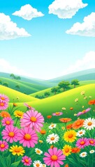 Fototapeta premium Vibrant meadow filled with colorful wildflowers under a bright blue sky