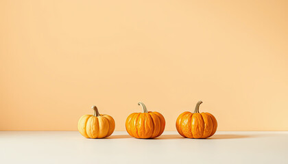 Three small orange pumpkins on white table with peach wall background in minimal style, autumn harvest decoration symbolizing cozy seasonal festive home interior mood  
