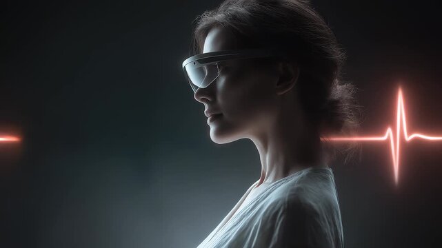 Futuristic Woman Wearing Smart Glasses Monitoring Heart Rate