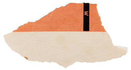 Tear piece of old vintage book cover, isolated scrap of orange and beige paper, element for design