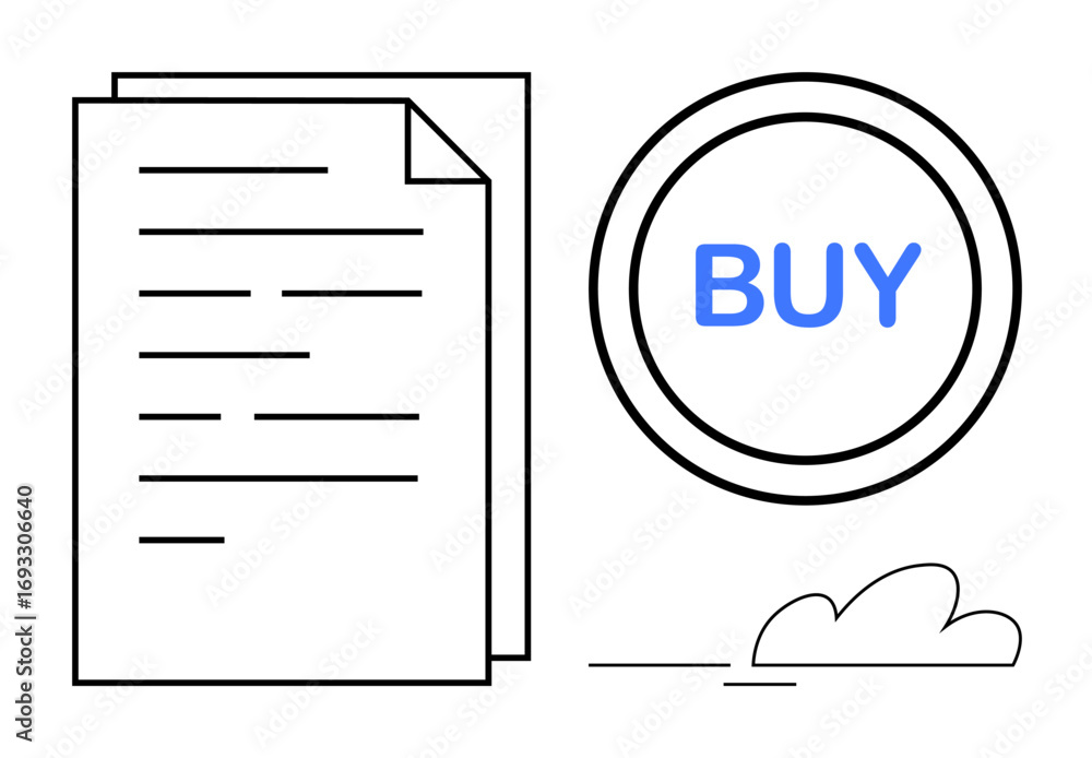 Fototapete document with text lines alongside a bold circular buy button and minimal abstract cloud. ideal for 