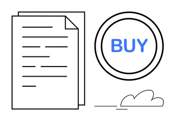 Document with text lines alongside a bold circular buy button and minimal abstract cloud. Ideal for e-commerce, online services, transactions, business, SaaS platforms, digital workflows, simple flat