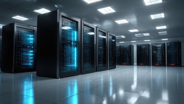 Modern server room, rows of black cabinets