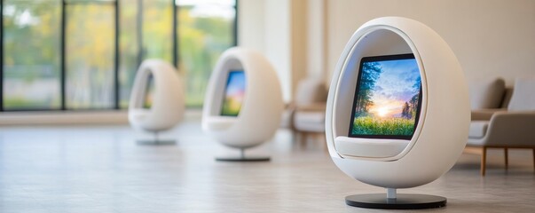 Modern White Egg Chairs with Tablets in a Bright Lobby, Tech , Furniture