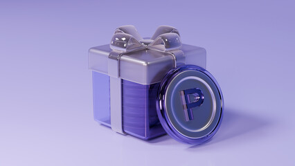 보라색 플라스틱 선물 상자와 스틸과 플라스틱으로 만든 포인트 동전 보상