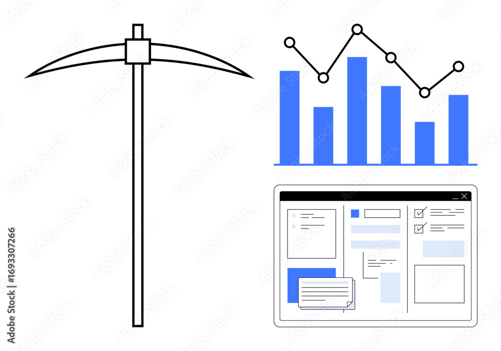 Poster mining pickaxe next to analytics graph and computer dashboard. ideal for data mining, business analy