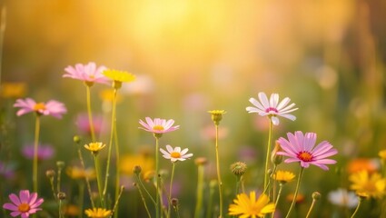 Fototapeta premium Soft focus meadow with wildflowers bathed in warm golden sunlight