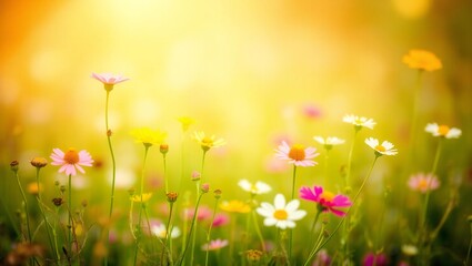 Soft focus meadow of colorful wildflowers bathed in warm golden sunlight