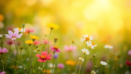 Fototapeta premium Soft focus meadow filled with colorful wildflowers bathed in warm golden sunlight