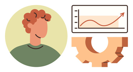 Profile of a person paired with a line chart showing upward growth and a gear symbolizing strategy, learning, and innovation. Ideal for teamwork, progress, success, planning, business, growth simple