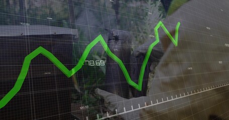Observing elderly man in brown jacket using binoculars in forest, with grid and green line graph
