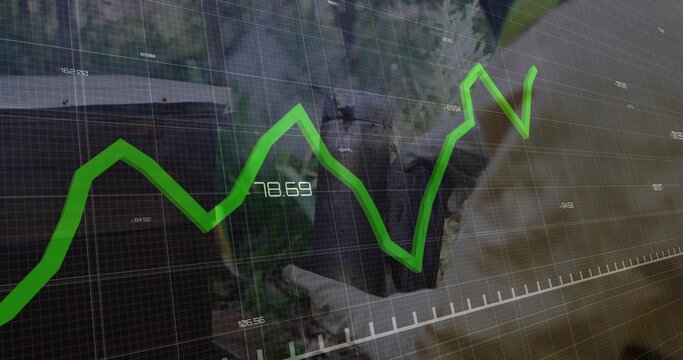 Observing elderly man in brown jacket using binoculars in forest, with grid and green line graph