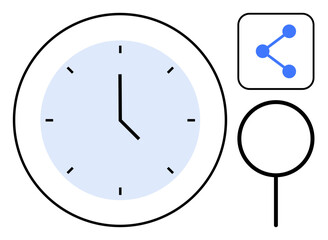 Blue-faced clock, magnifying glass, and network icon. Ideal for time tracking, productivity, planning, research, connectivity, teamwork simple landing page