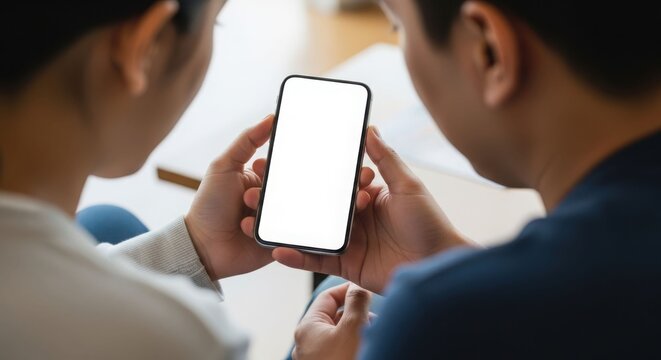 A couple looks at a smartphone with a blank white screen, seen from behind, suggesting shared viewing or decision-making.