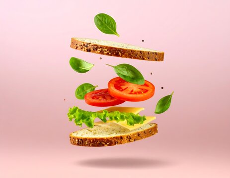 Sandwich ingredients levitating