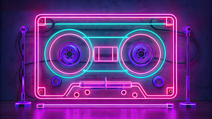 Fototapeta premium Neon cassette nostalgia of the 90s audio cassette concept. A neon cassette tape glowing in vibrant colors for retro appeal.