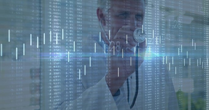 Examining doctor pressing stethoscope to digital display in clinic showing bar and candlestick data - Powered by Adobe