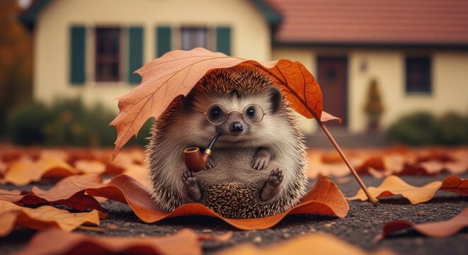 Adorable hedgehog enjoying autumn with fallen leaves and a tiny pipe