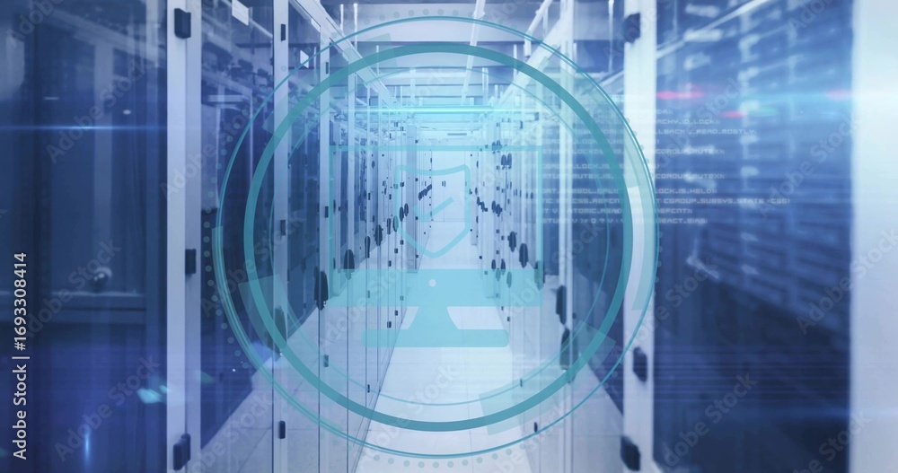 Poster stretching server cabinets showing blinking leds, cables in data center corridor, with code overlay