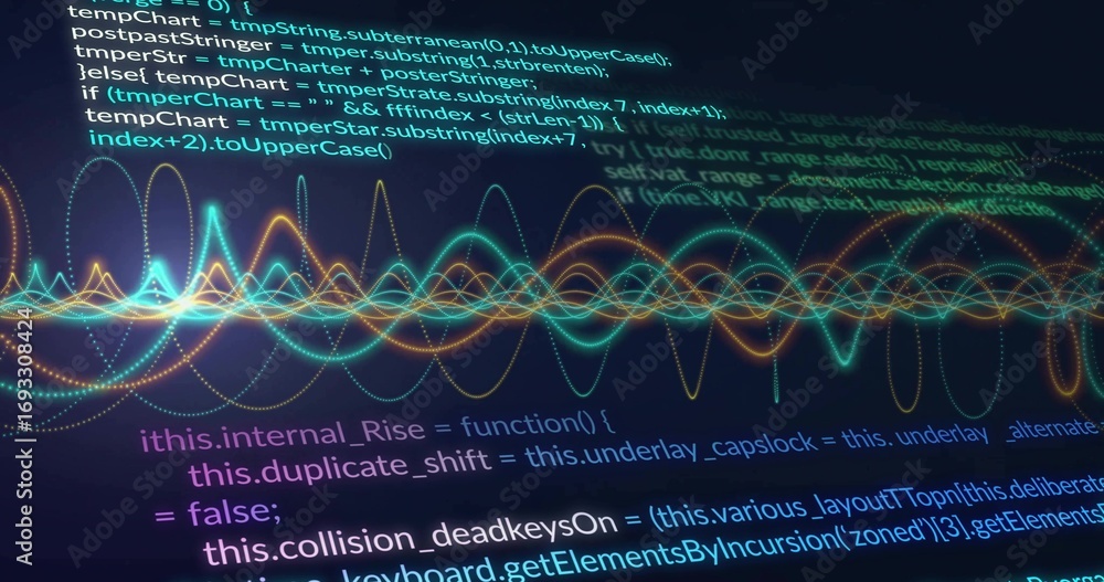 Aufkleber displaying code editor showing javascript functions on dark screen, with neon waveform overlay