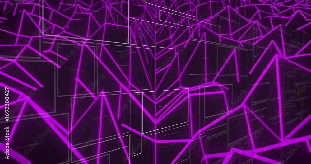 Poster Glowing violet neon lines forming triangular wireframe shapes in virtual 3D mesh, with grid panels