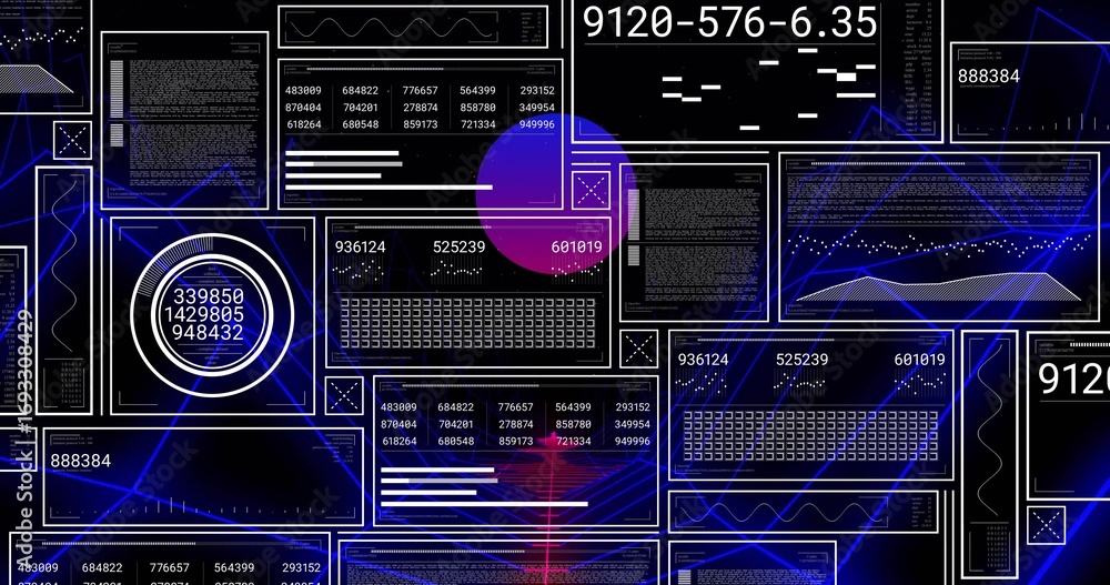 Poster hovering translucent purple-pink orb overlapping data dashboard, with numerical panels and graphs
