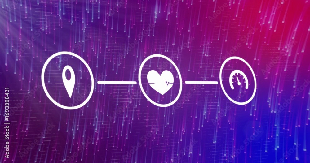 Poster displaying white location pin heart ecg line and gauge icons linking in light trails background