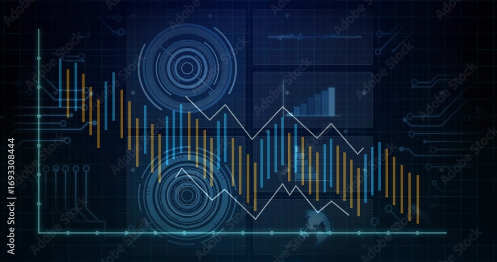 Poster displaying dashboard screen over circuit grid, featuring bar charts, line graph and radar circles