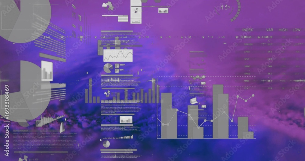 Aufkleber displaying bar chart clusters line-graph overlays in dashboard over purple clouds, with data table