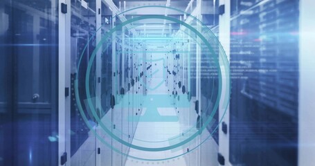 Stretching server cabinets showing blinking LEDs, cables in data center corridor, with code overlay