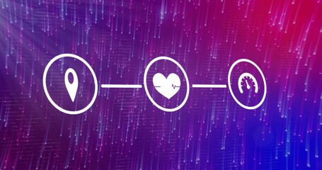 Displaying white location pin heart ECG line and gauge icons linking in light trails background