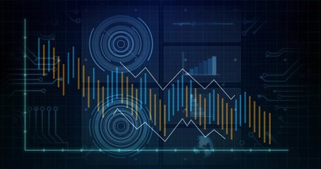 Displaying dashboard screen over circuit grid, featuring bar charts, line graph and radar circles