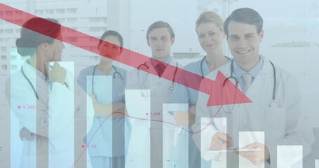 Medical team analyzing metrics in hospital with stethoscopes red arrow bar chart overlay