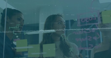 Planning coworkers sketching ideas on glass board in office, with sticky notes and data overlay