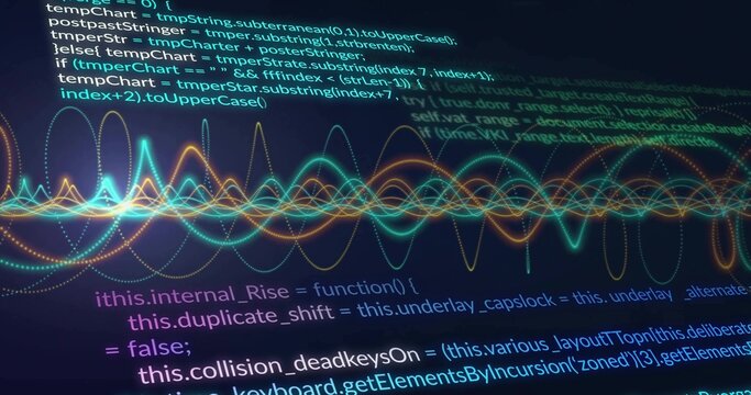 Displaying code editor showing JavaScript functions on dark screen, with neon waveform overlay