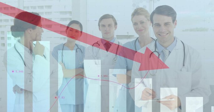 Medical team analyzing metrics in hospital with stethoscopes red arrow bar chart overlay