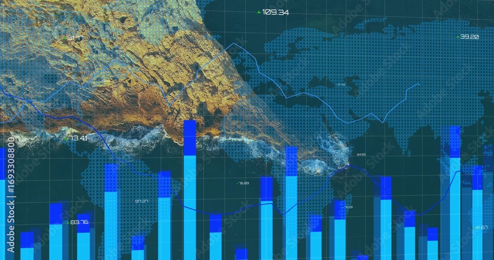Poster rendering bar chart columns at software interface, with dotted world map and coastline overlay