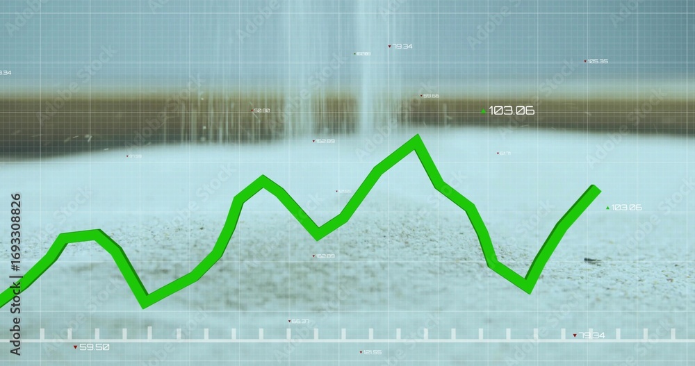 Poster displaying green line graph varying over pale grid overlay on blurred gray surface, numeric labels