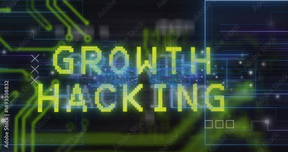 Aufkleber displaying pixelated green growth hacking text on futuristic dashboard, with neon-green circuits