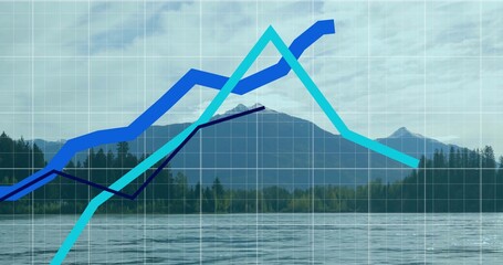Featuring colored line charts rising over mountain lake panorama with semi-transparent grid overlay