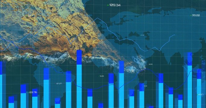 Rendering bar chart columns at software interface, with dotted world map and coastline overlay